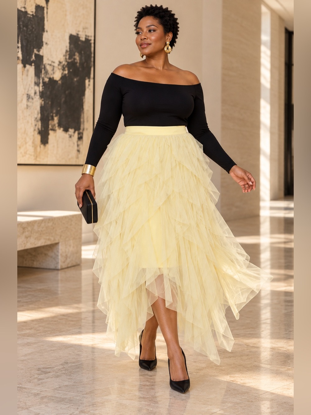 Soho Apparel Tulle Maxi Skirt Size XL Yellow Ruffle Asymmetrical